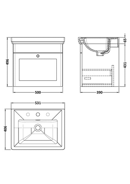 NUIE 500mm Wall Hung 1-Drawer Vanity & Basin 3TH
