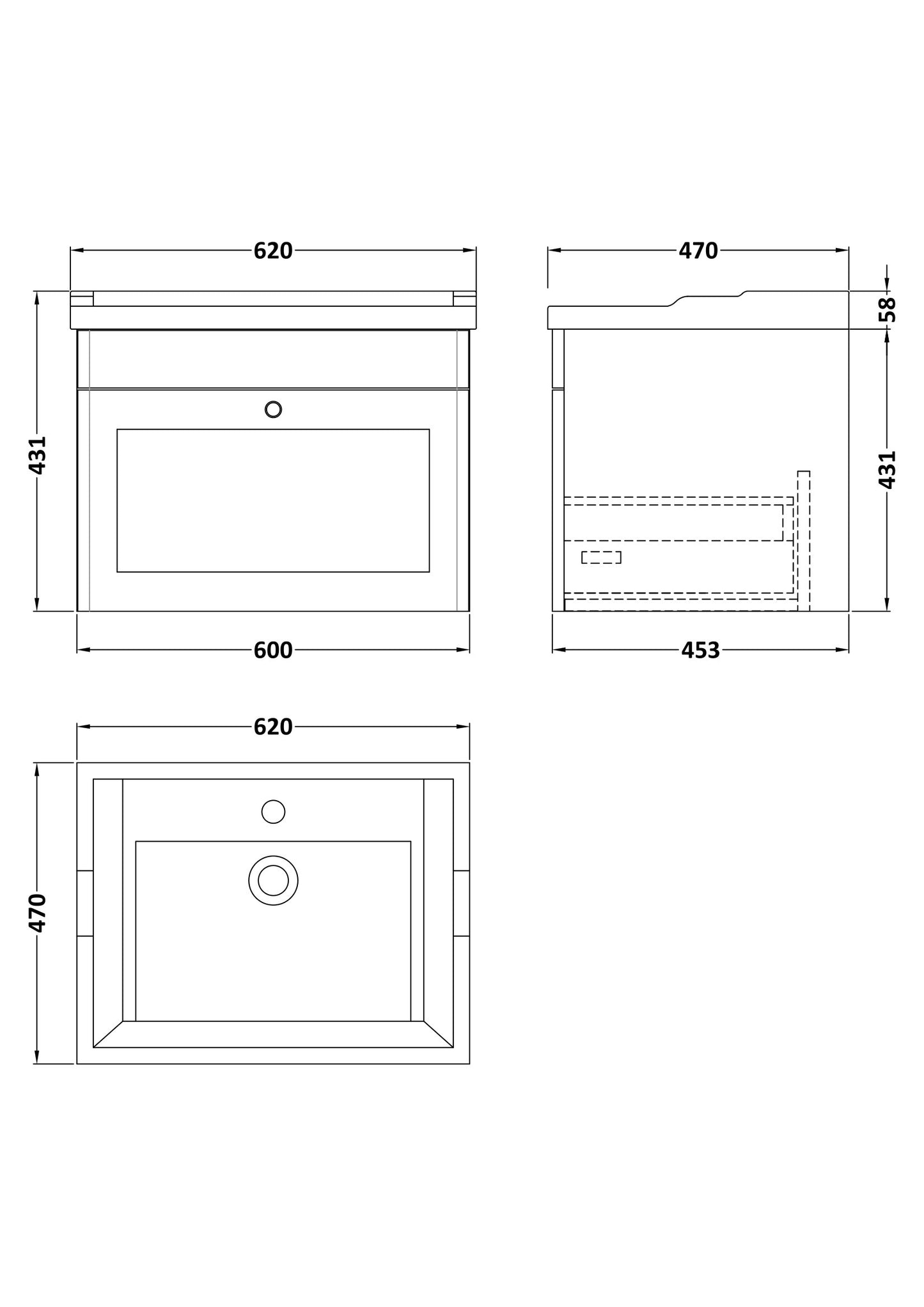 NUIE 600mm Wall Hung 1 Drawer Vanity & Basin 1TH