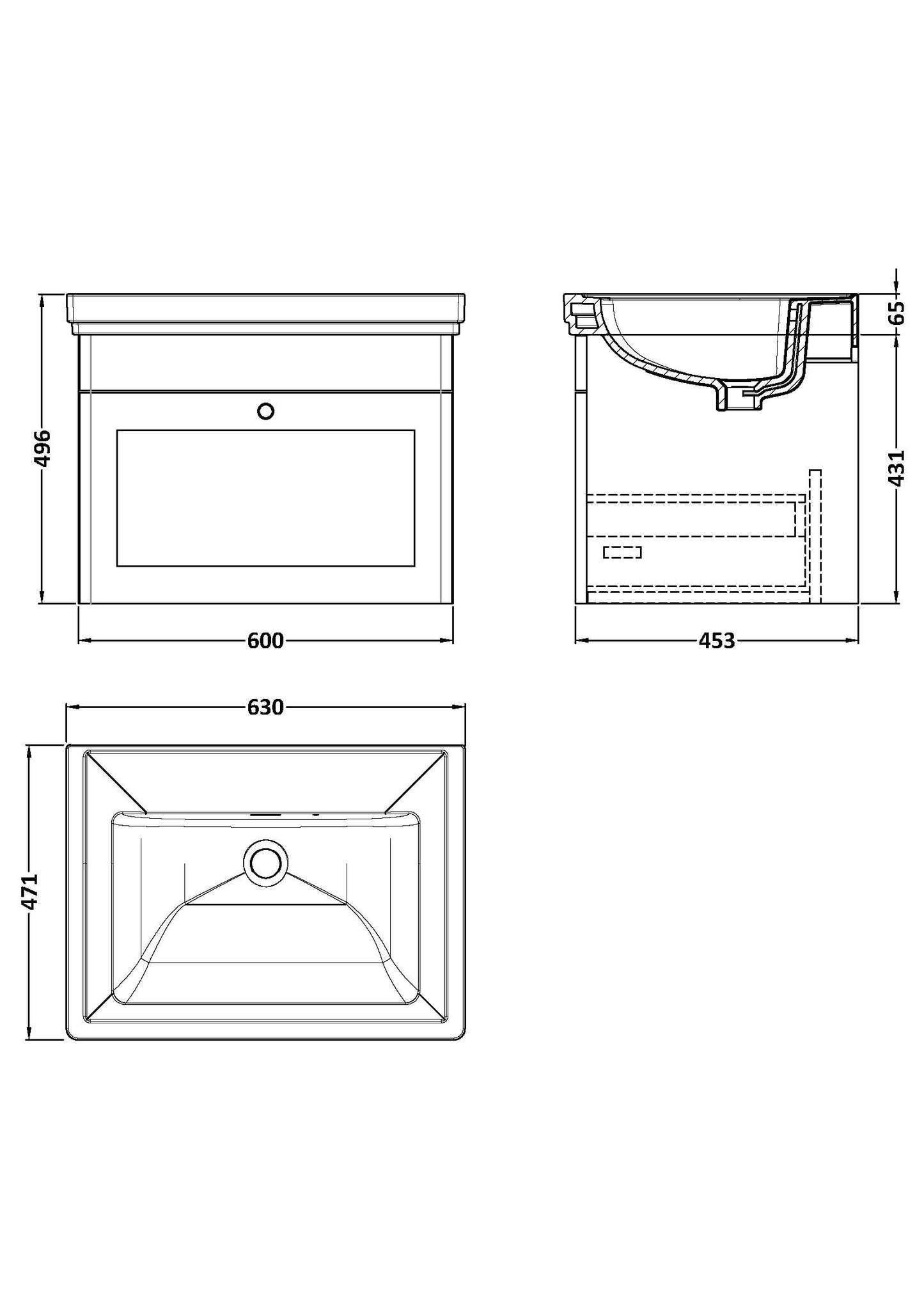 NUIE 600mm Wall Hung 1 Drawer Vanity & Basin 0TH