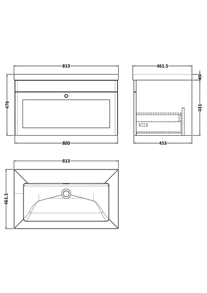 NUIE 800mm Wall Hung Single Drawer Vanity with Basin - 0 Tap Hole