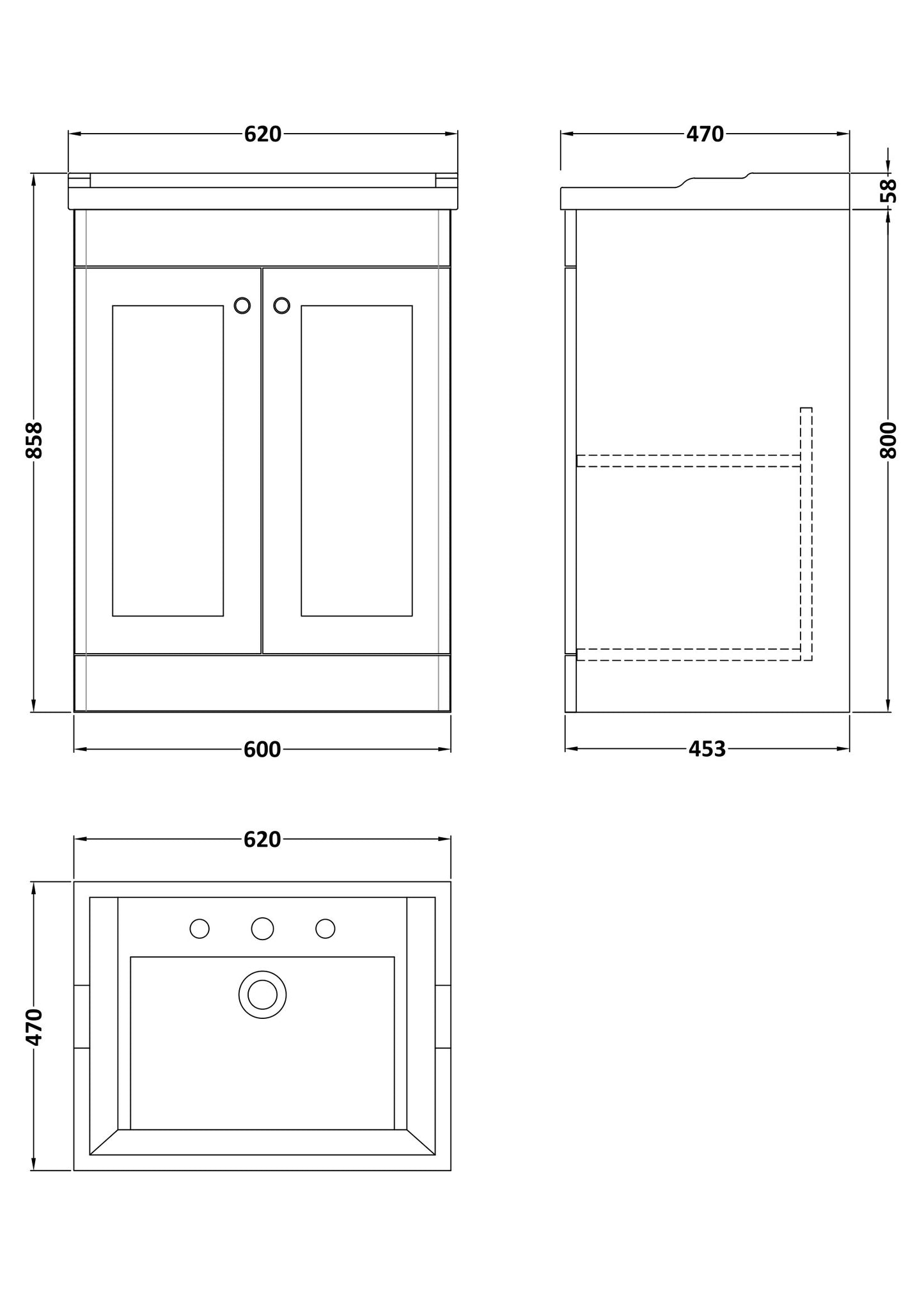 NUIE 600mm Floor Standing 2 Door Vanity & Basin 3TH