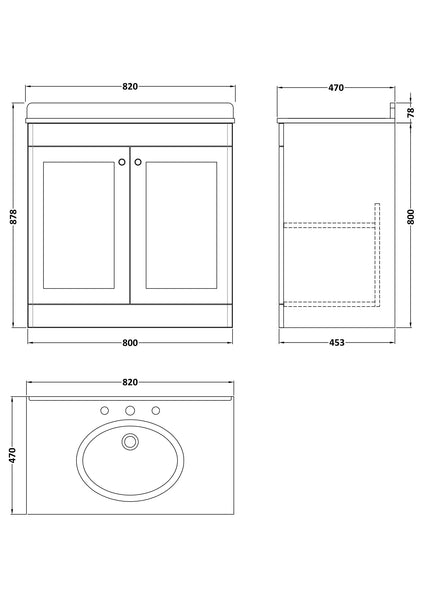 NUIE 800mm Floor Standing 2 Door Vanity & Marble Top 3TH