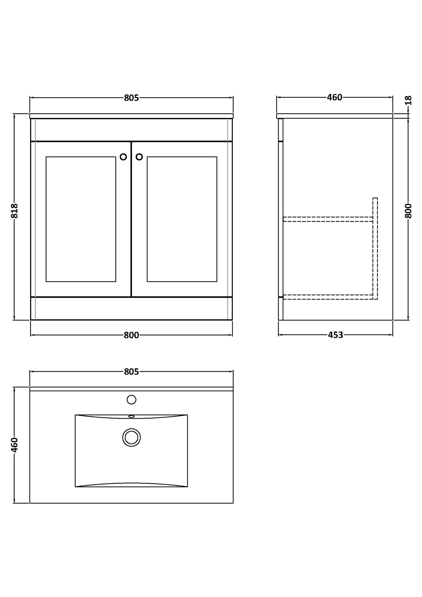 NUIE 800mm Floor Standing 2-Door Vanity with Basin - 1 Tap Hole