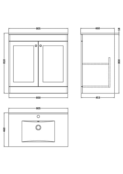 NUIE 800mm Floor Standing 2-Door Vanity with Basin - 1 Tap Hole