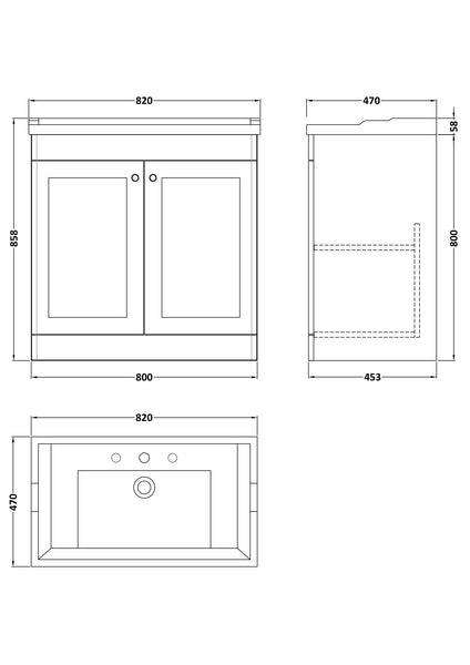 NUIE 800mm Floor Standing 2 Door Vanity & Basin 3TH