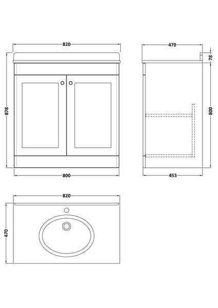 NUIE 800mm Floor Standing 2 Door Vanity & Marble Top 1TH