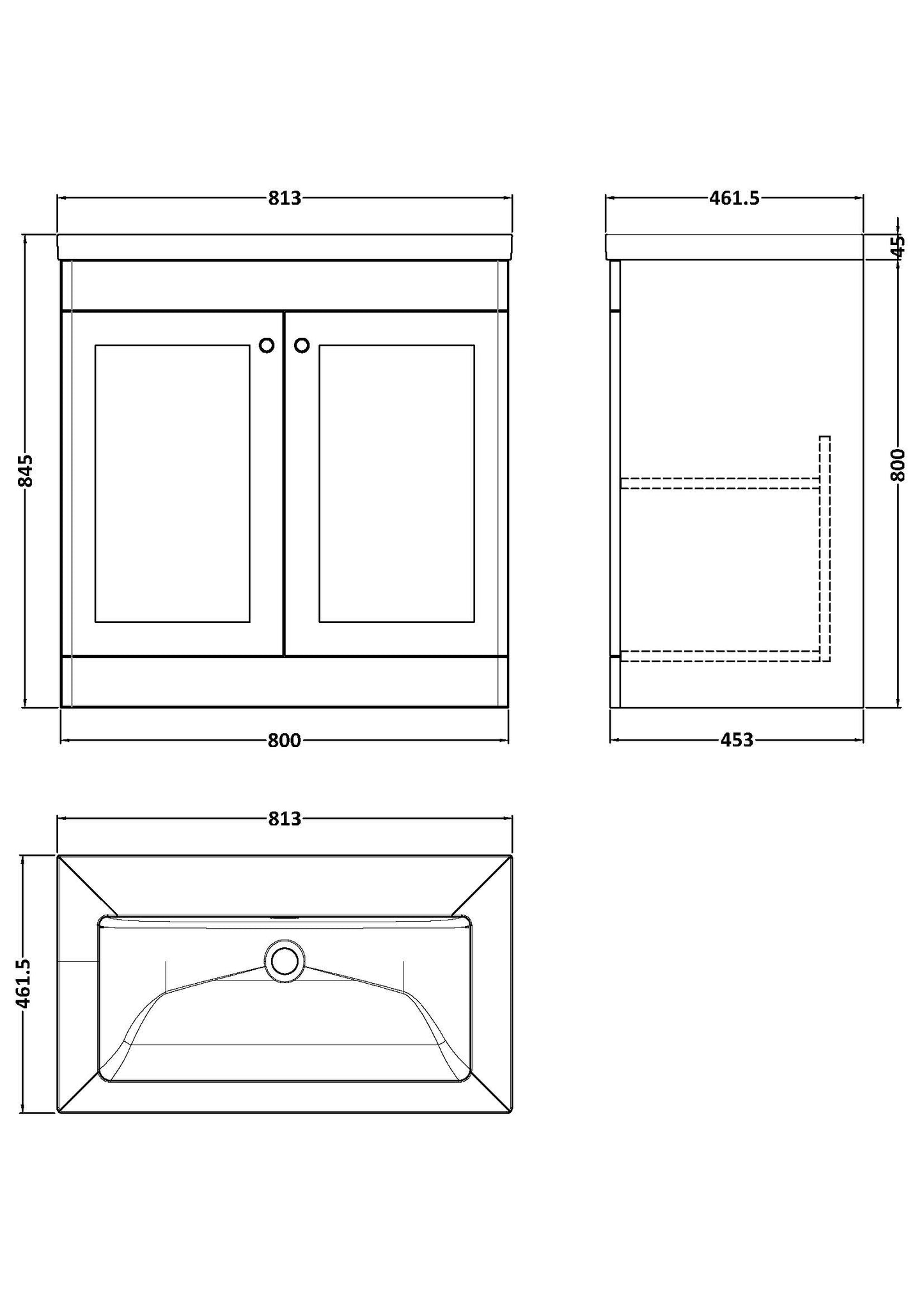 NUIE 800mm Floor Standing 2-Door Vanity with Basin - 0 Tap Hole