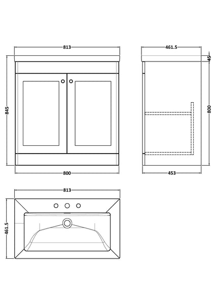 NUIE 800mm Floor Standing 2-Door Vanity with Basin - 3 Tap Hole