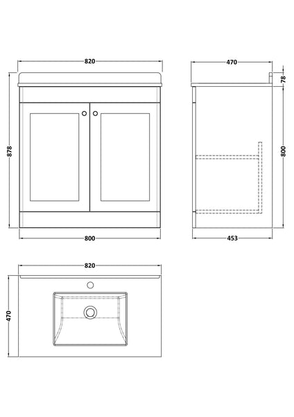 NUIE 800mm Floor Standing 2 Door Vanity & Marble Top 1TH