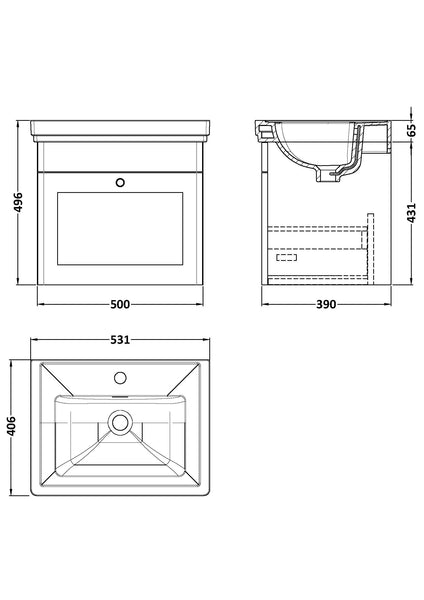 NUIE 500mm Wall Hung 1-Drawer Vanity & Basin 1TH