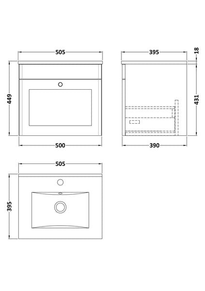 NUIE 500mm Wall Hung 1 Drawer Vanity & Basin 2