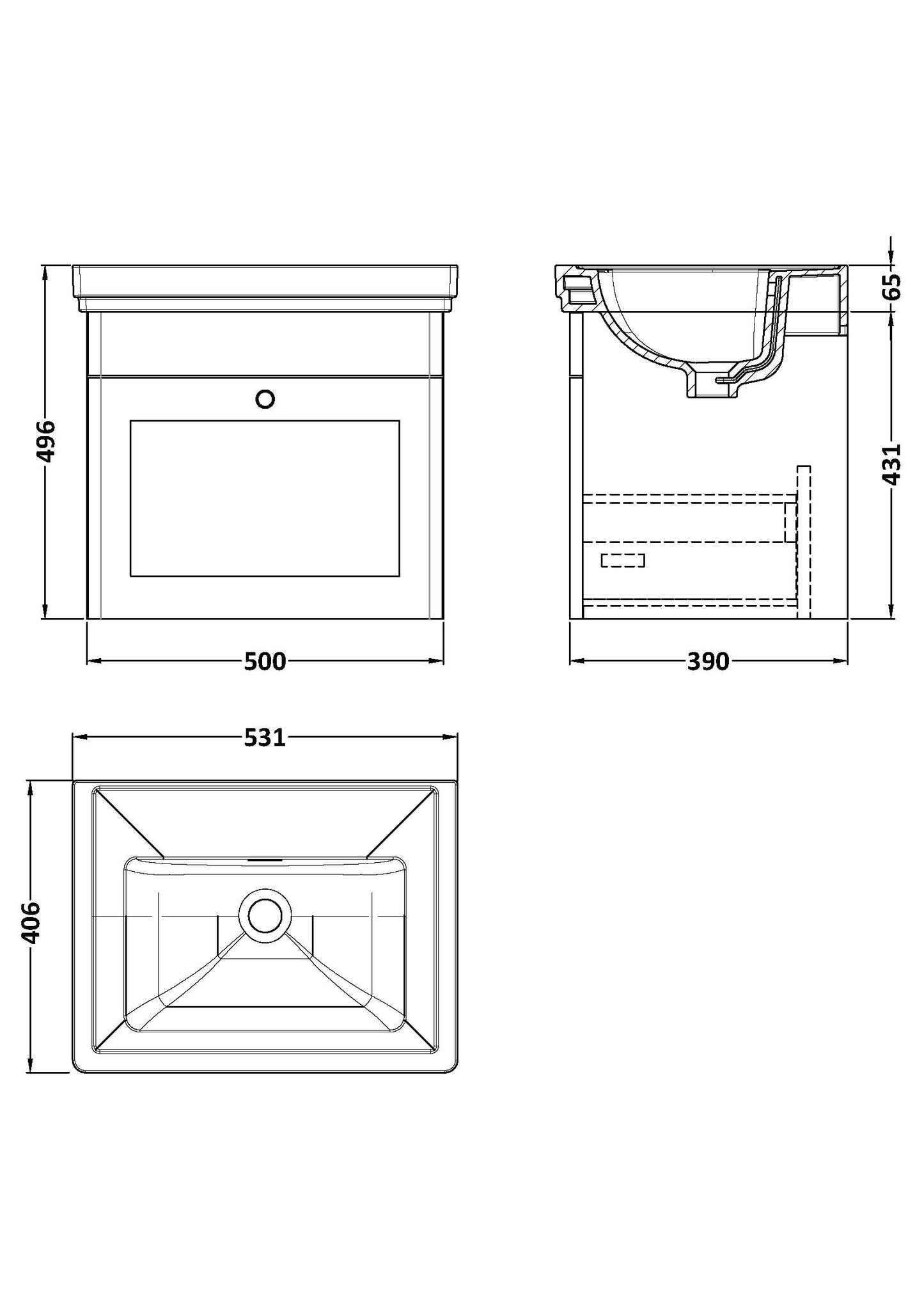 NUIE 500mm Wall Hung 1 Drawer Vanity & Basin 0TH