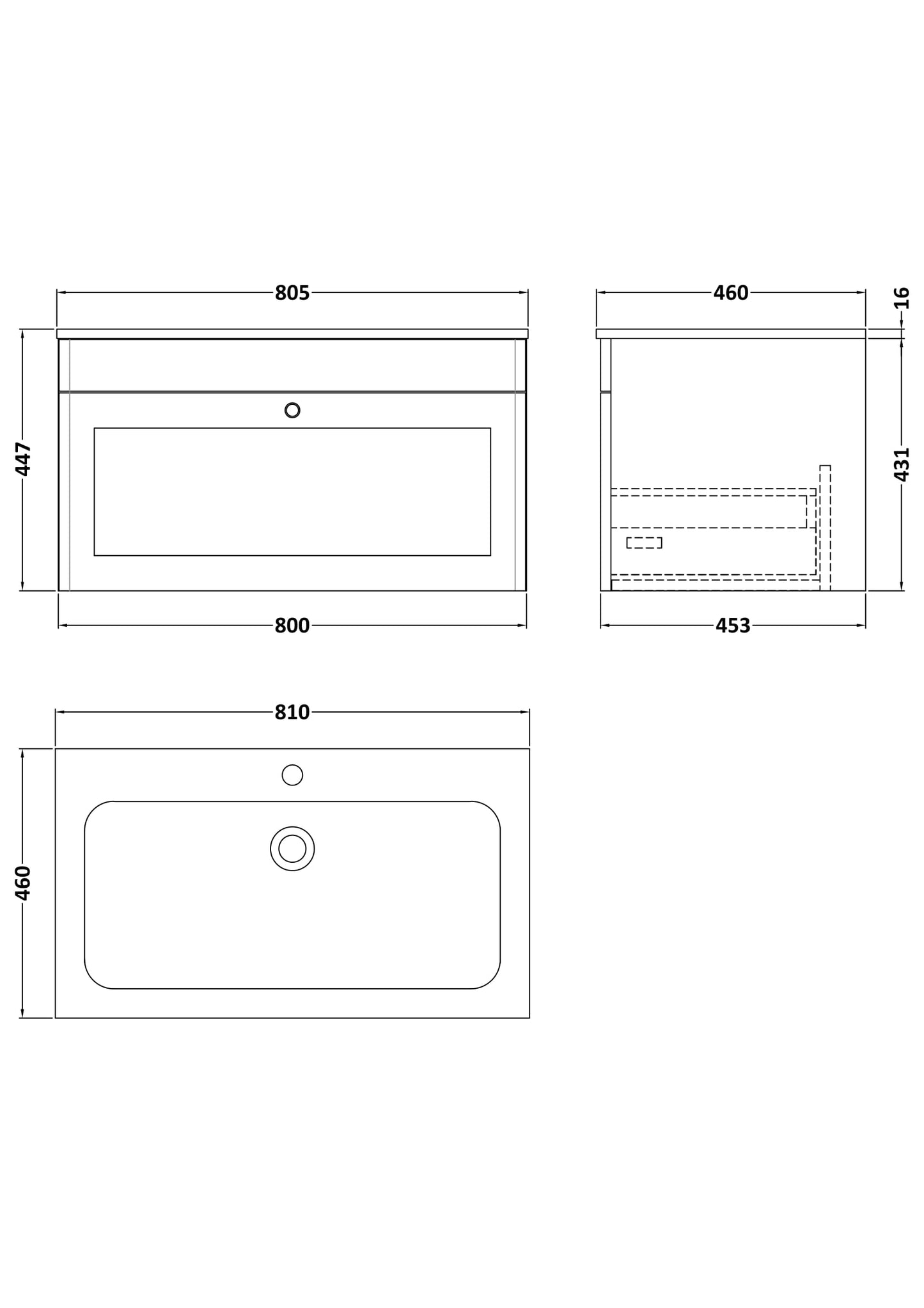 NUIE 800mm Wall Hung 1-Drawer Unit & Stone Basin 1TH