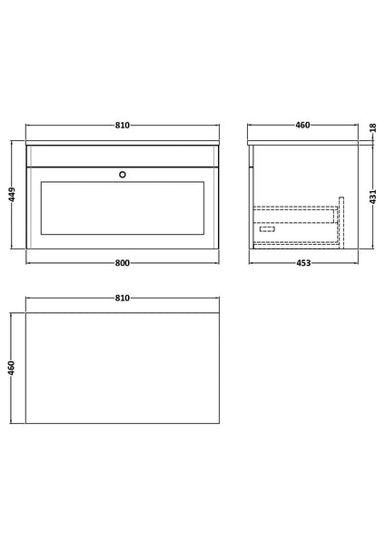 NUIE 800mm Wall Hung Single Drawer Vanity with Marble Top
