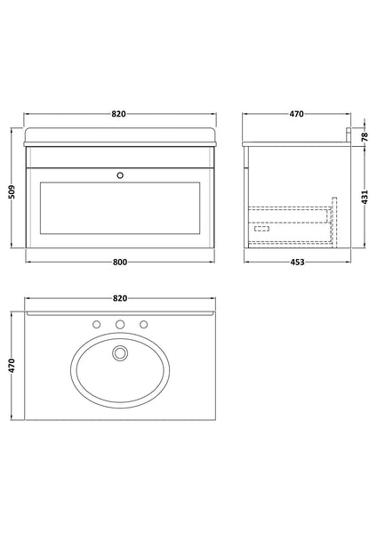 NUIE 800mm Wall Hung 1 Drawer Vanity & Marble Top 3TH