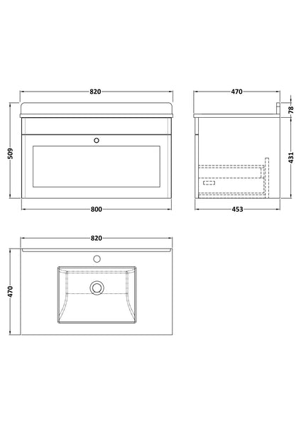 NUIE 800mm Wall Hung 1 Drawer Vanity & Marble Top 1TH
