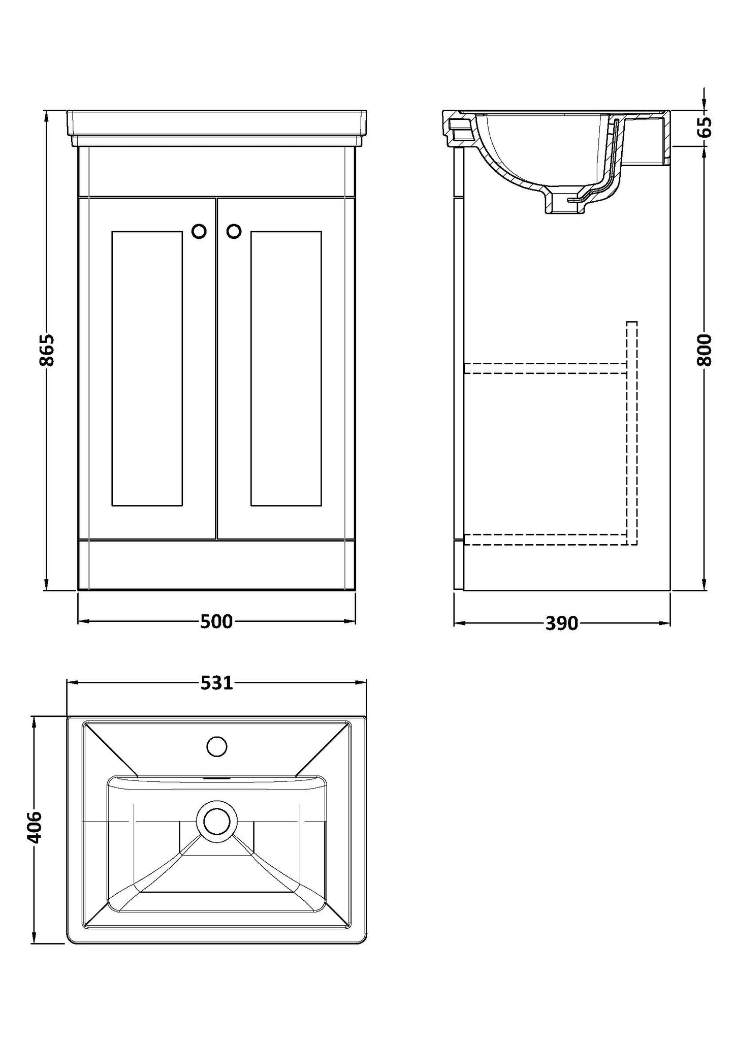 NUIE 500mm Floor Standing 2-Door Vanity & Basin 1TH