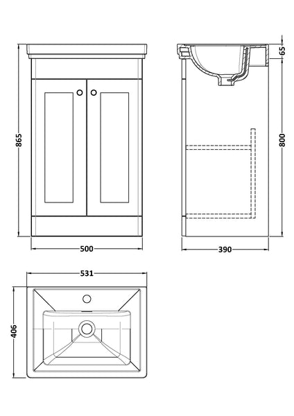 NUIE 500mm Floor Standing 2-Door Vanity & Basin 1TH