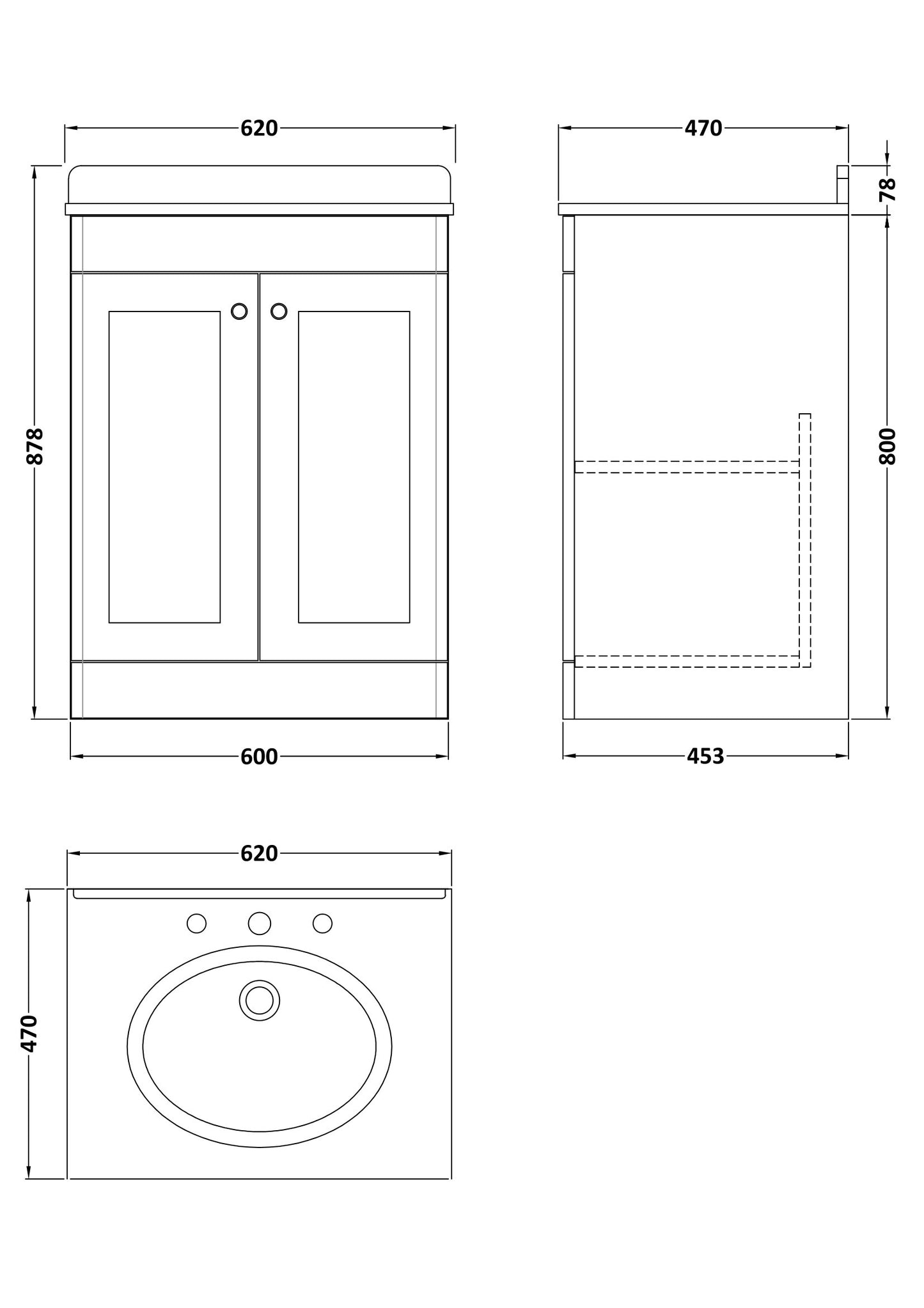 NUIE 600mm Floor Standing 2 Door Vanity & Marble Top 3TH