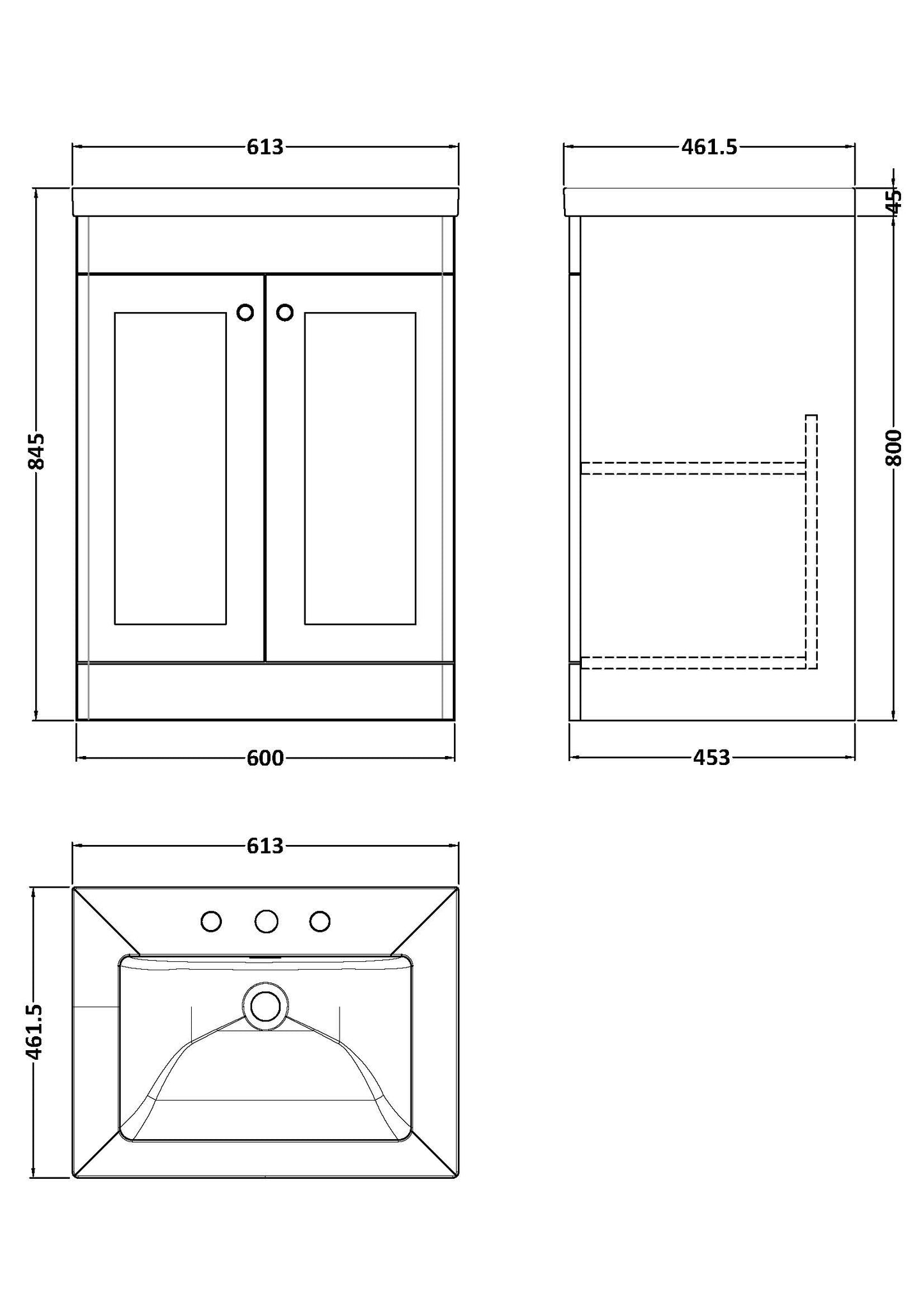 NUIE 600mm Floor Standing 2-Door Vanity with Basin - 3 Tap Hole