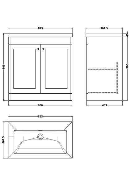 NUIE 800mm Floor Standing 2-Door Vanity with Basin - 0 Tap Hole