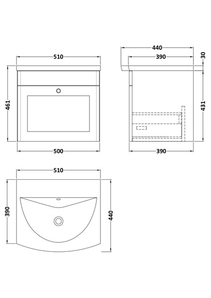 NUIE 500mm Wall Hung 1-Drawer Unit & Curved Basin