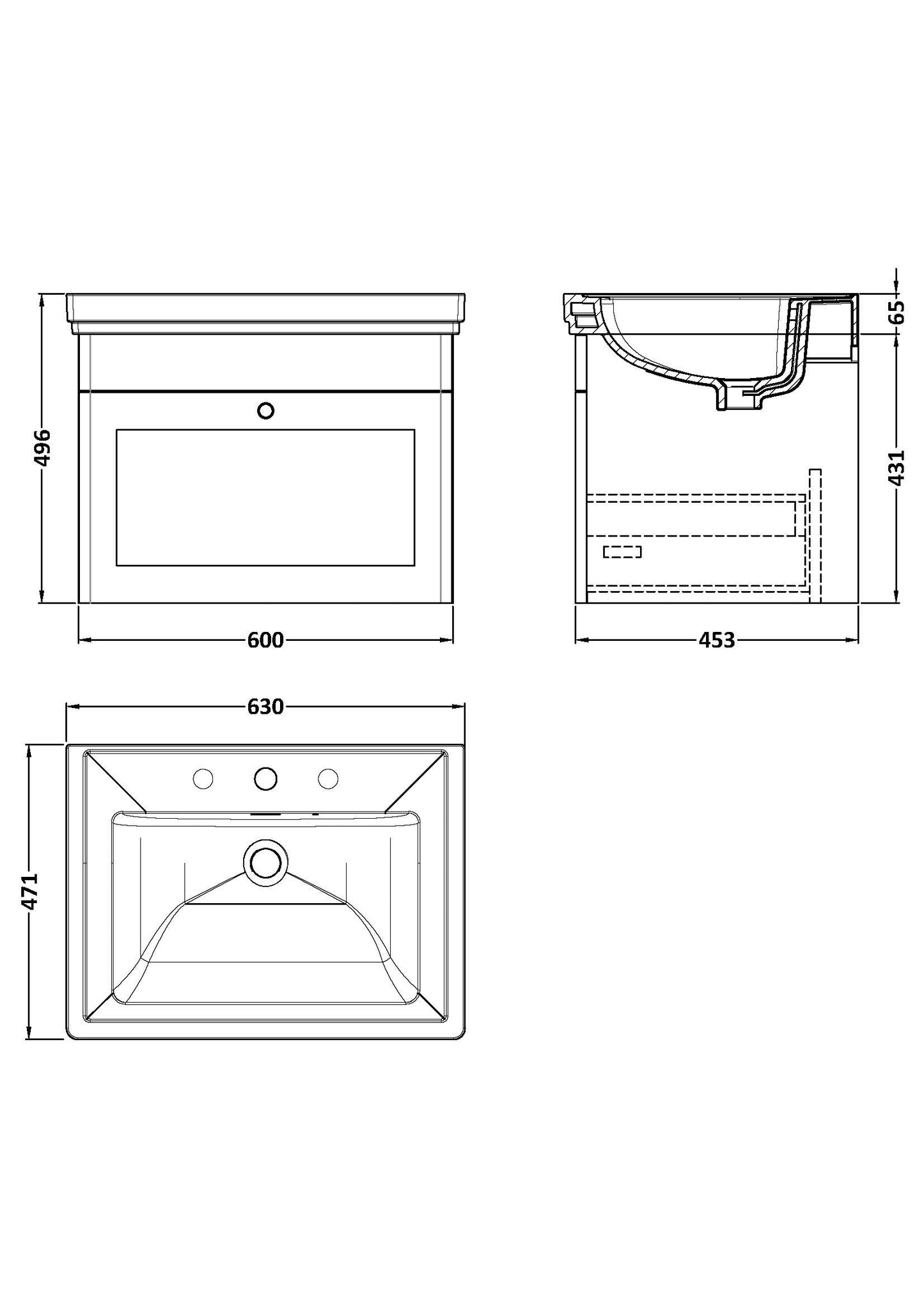 NUIE 600mm Wall Hung 1-Drawer Vanity & Basin 3TH