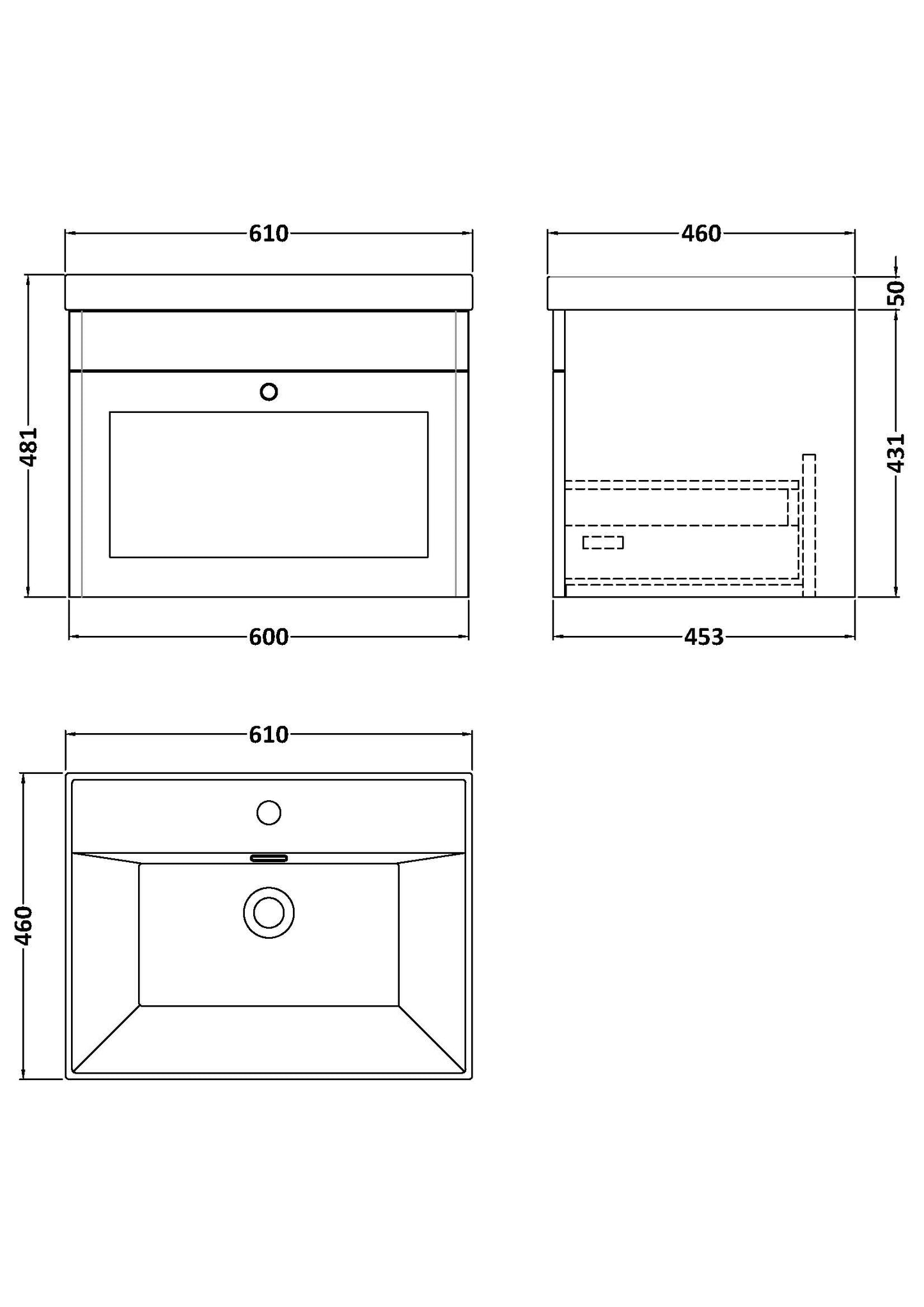 NUIE 600mm Wall Hung 1-Drawer Vanity with Basin - 1 Tap Hole