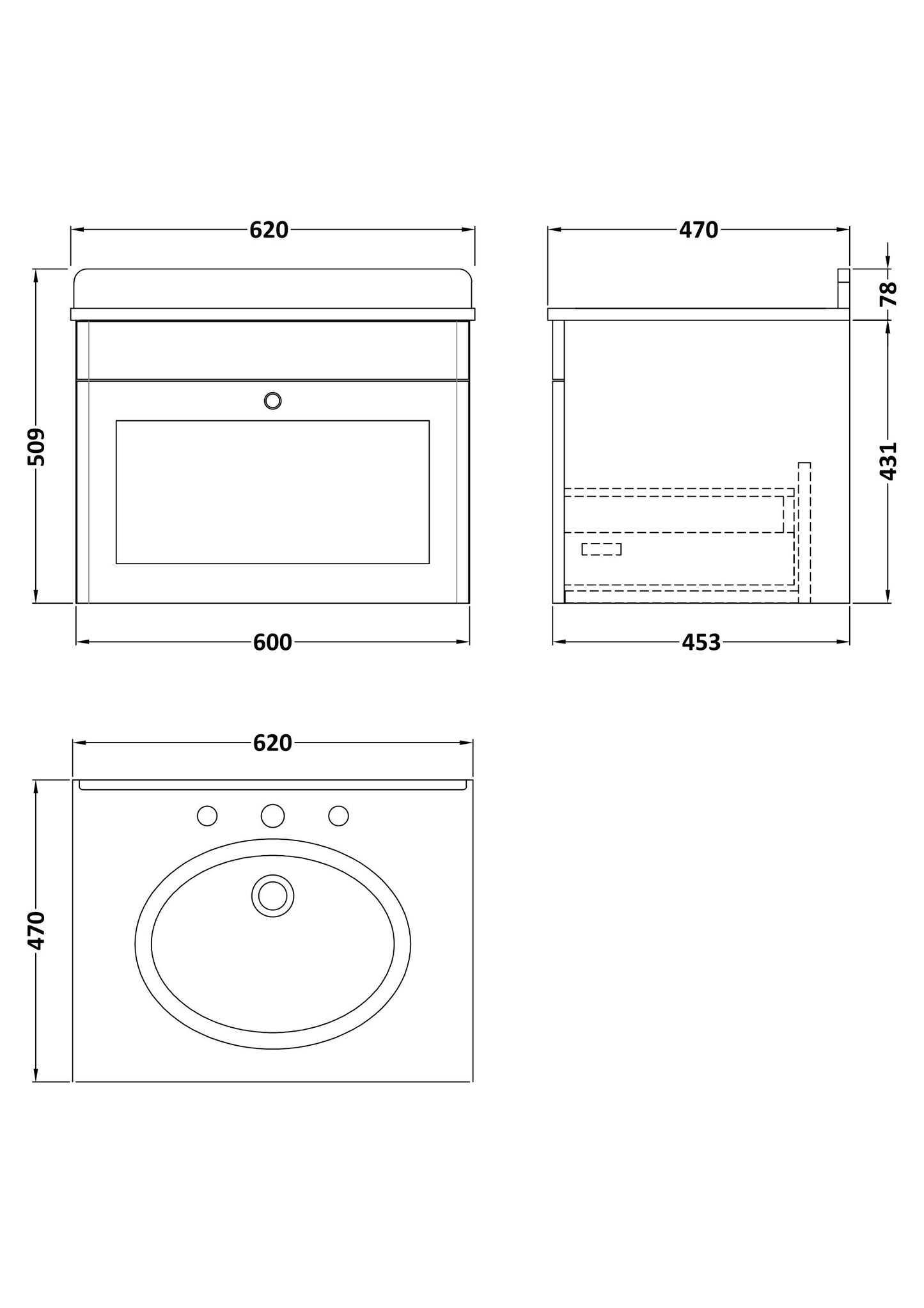 NUIE 600mm Wall Hung 1 Drawer Vanity & Marble Top 3TH
