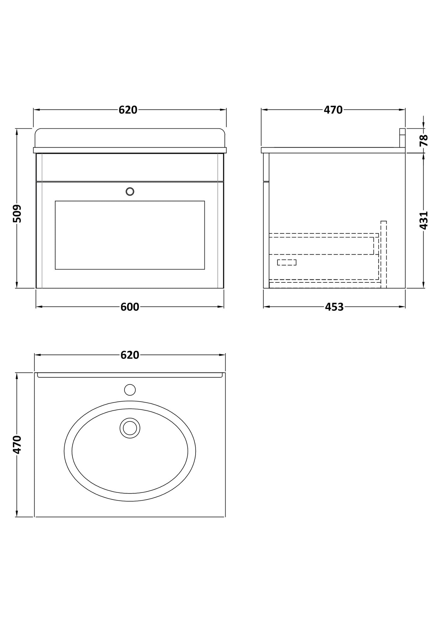 NUIE 600mm Wall Hung 1 Drawer Vanity & Marble Top 1TH