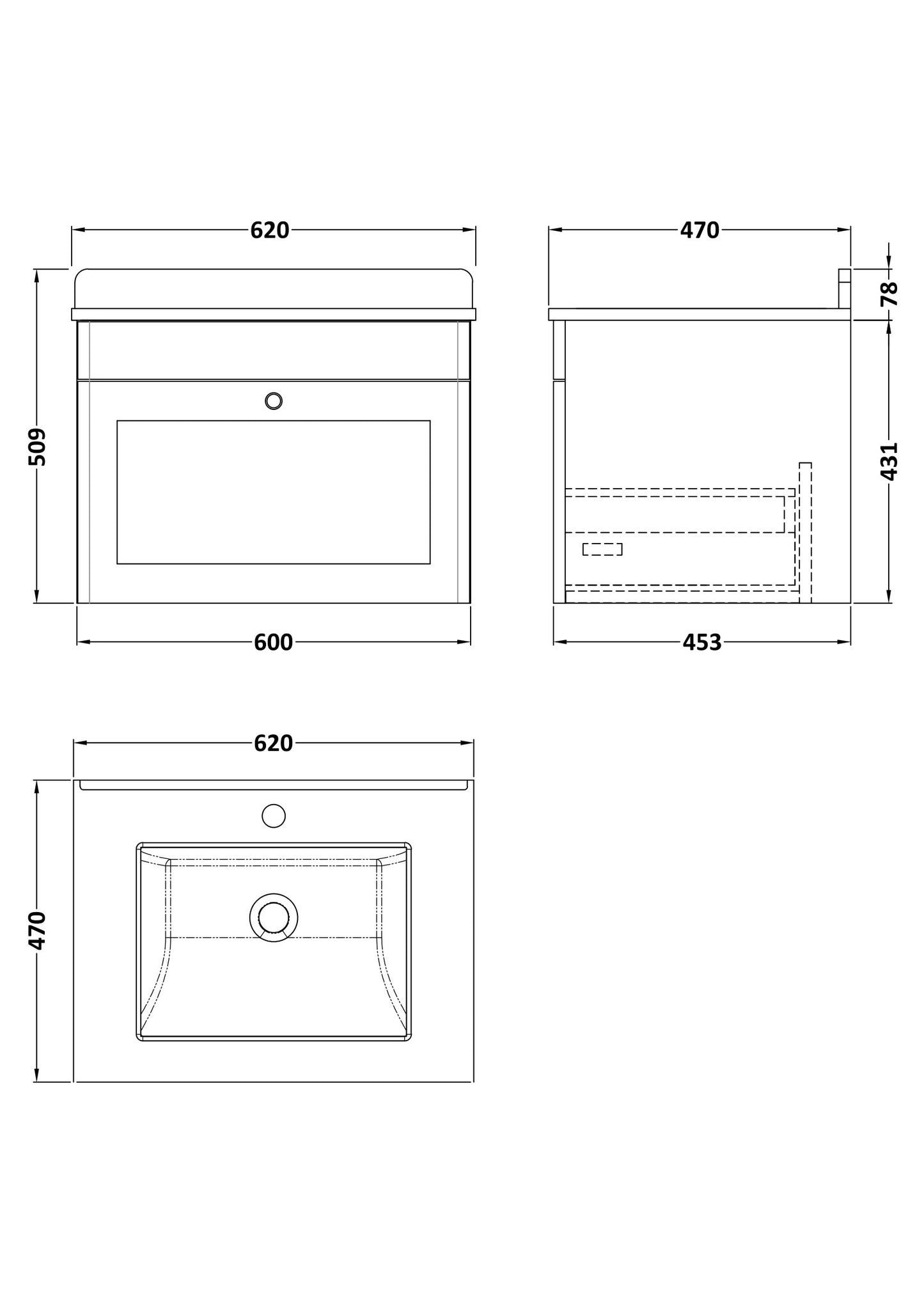 NUIE 600mm Wall Hung 1 Drawer Vanity & Marble Top 1TH