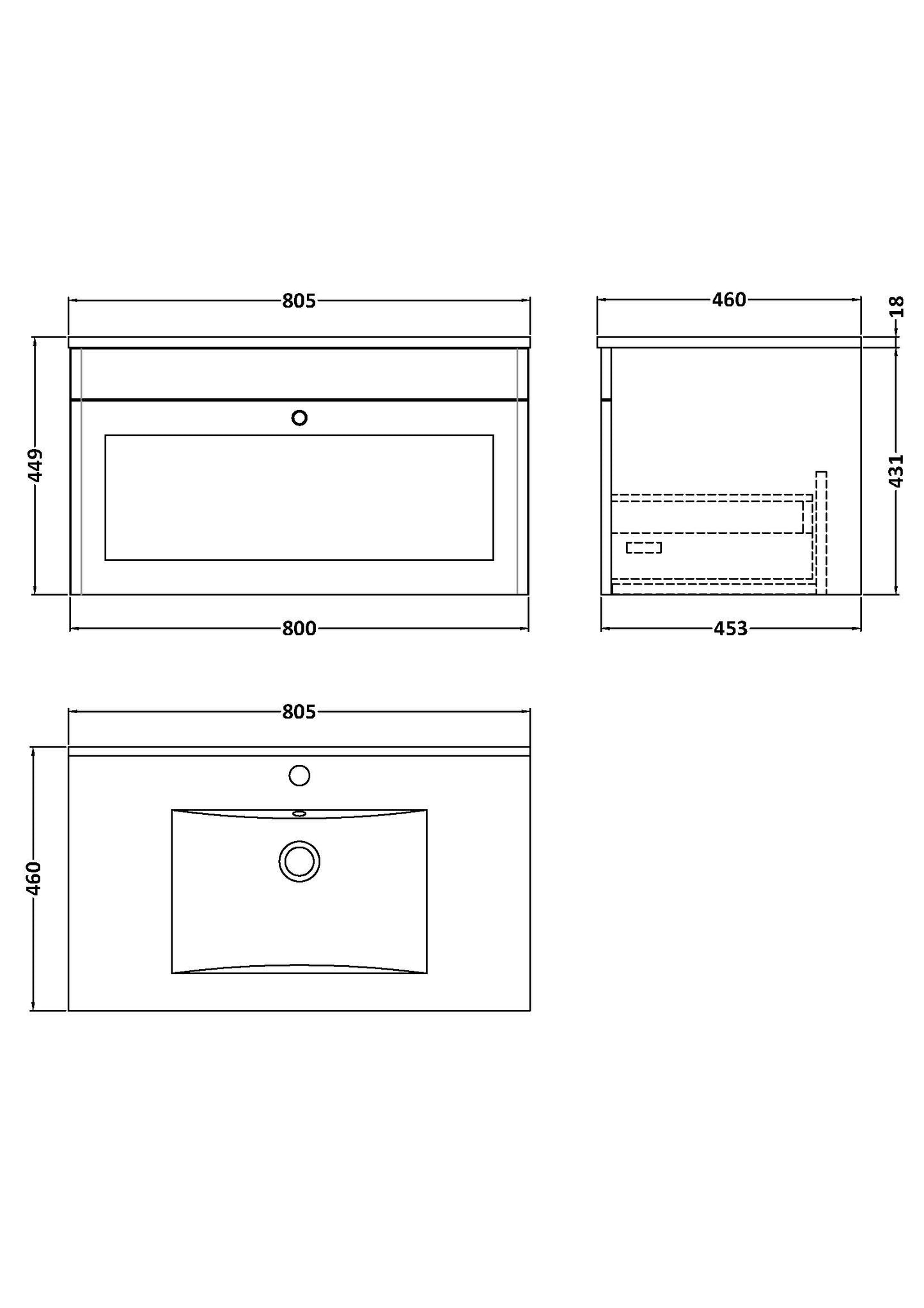 NUIE 800mm Wall Hung Single Drawer Vanity with Basin - 1 Tap Hole
