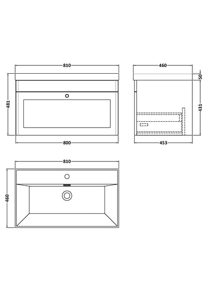 NUIE 800mm Wall Hung Single Drawer Vanity with Basin - 1 Tap Hole