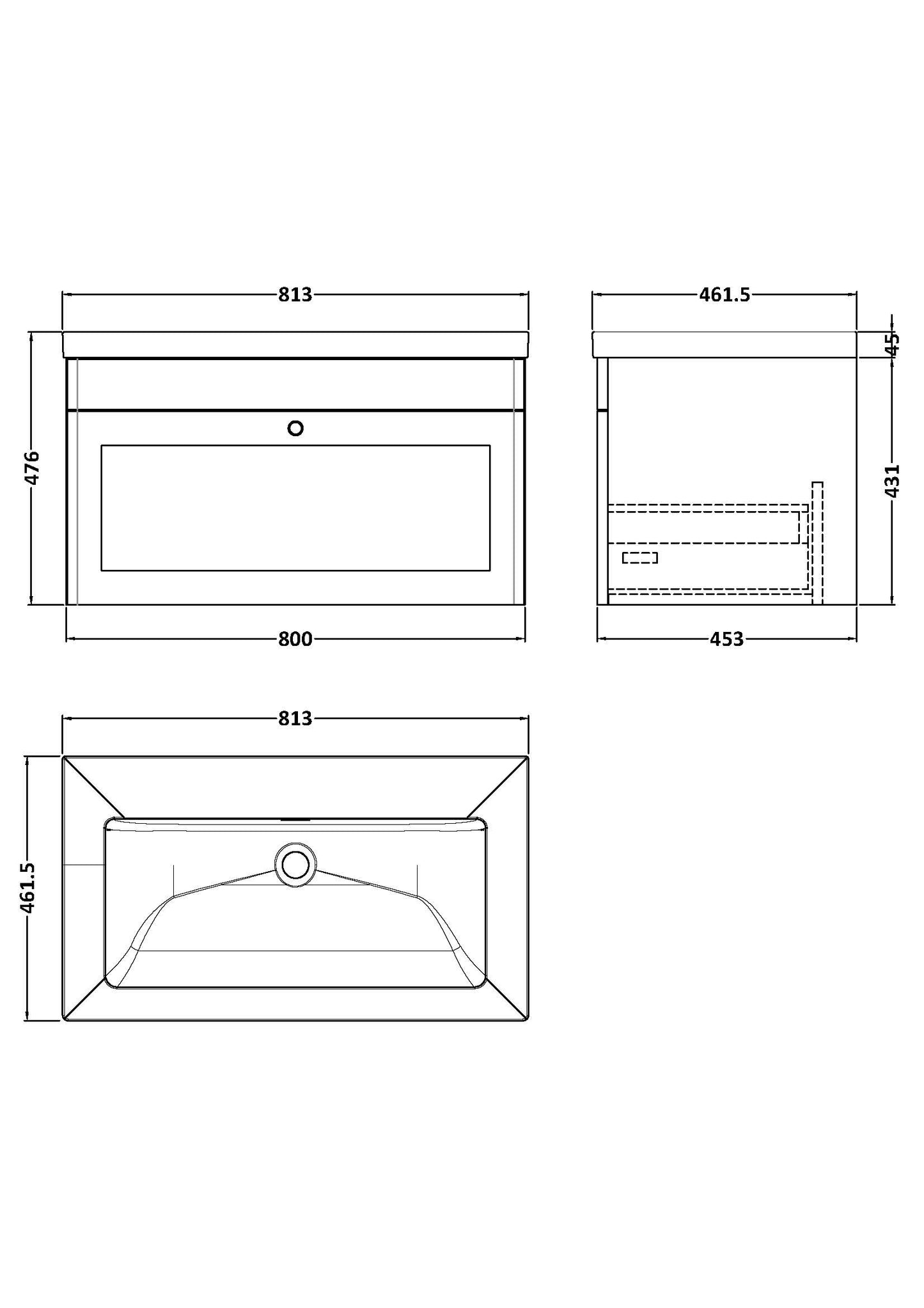 NUIE 800mm Wall Hung Single Drawer Vanity with Basin - 0 Tap Hole