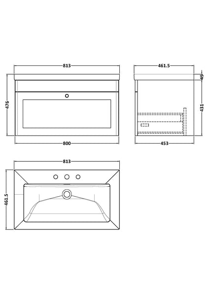 NUIE 800mm Wall Hung Single Drawer Vanity with Basin - 3 Tap Hole
