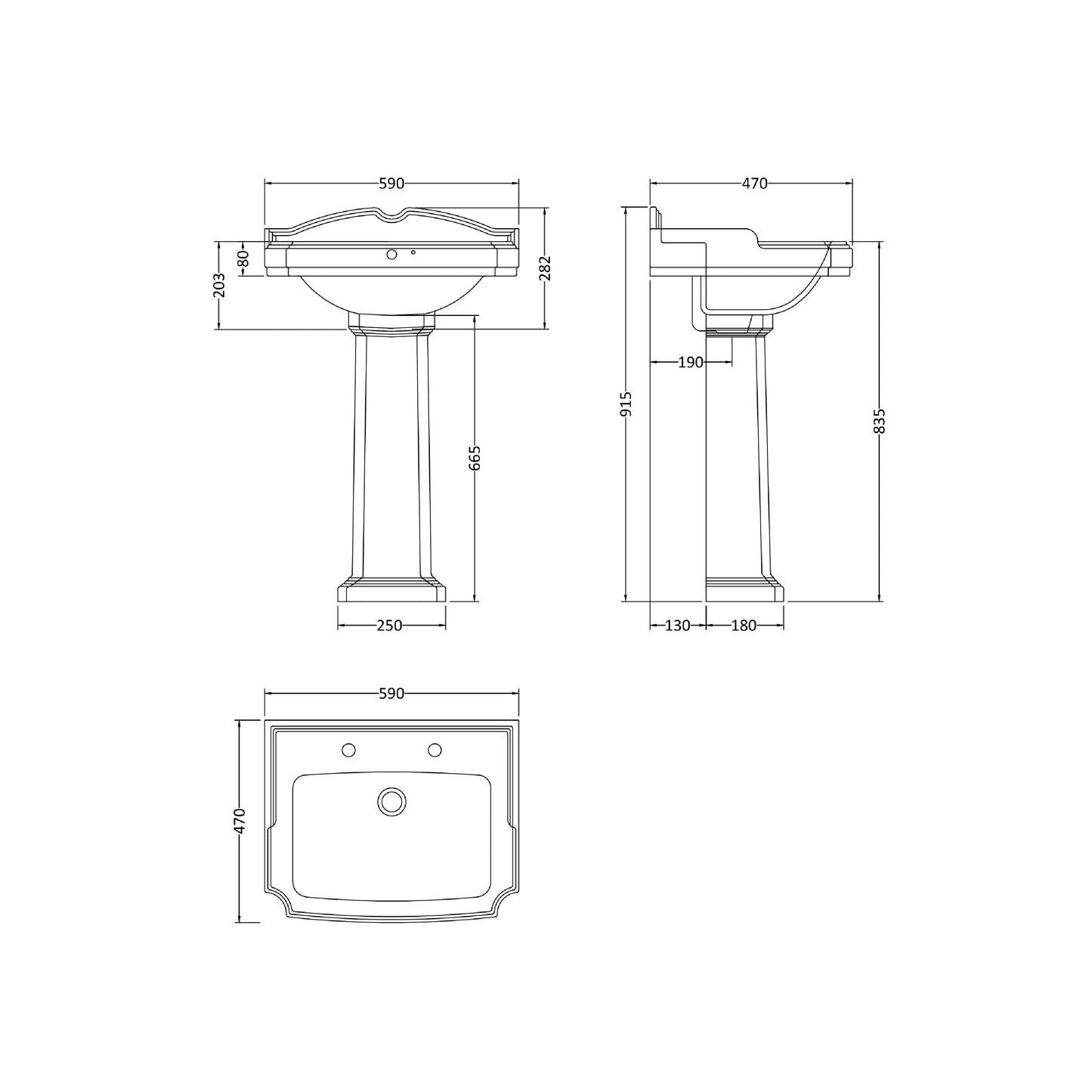 NUIE 590mm Basin & Pedestal (2 Tap Hole)
