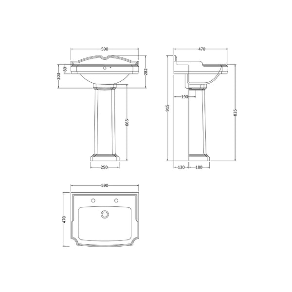 NUIE 590mm Basin & Pedestal (2 Tap Hole)