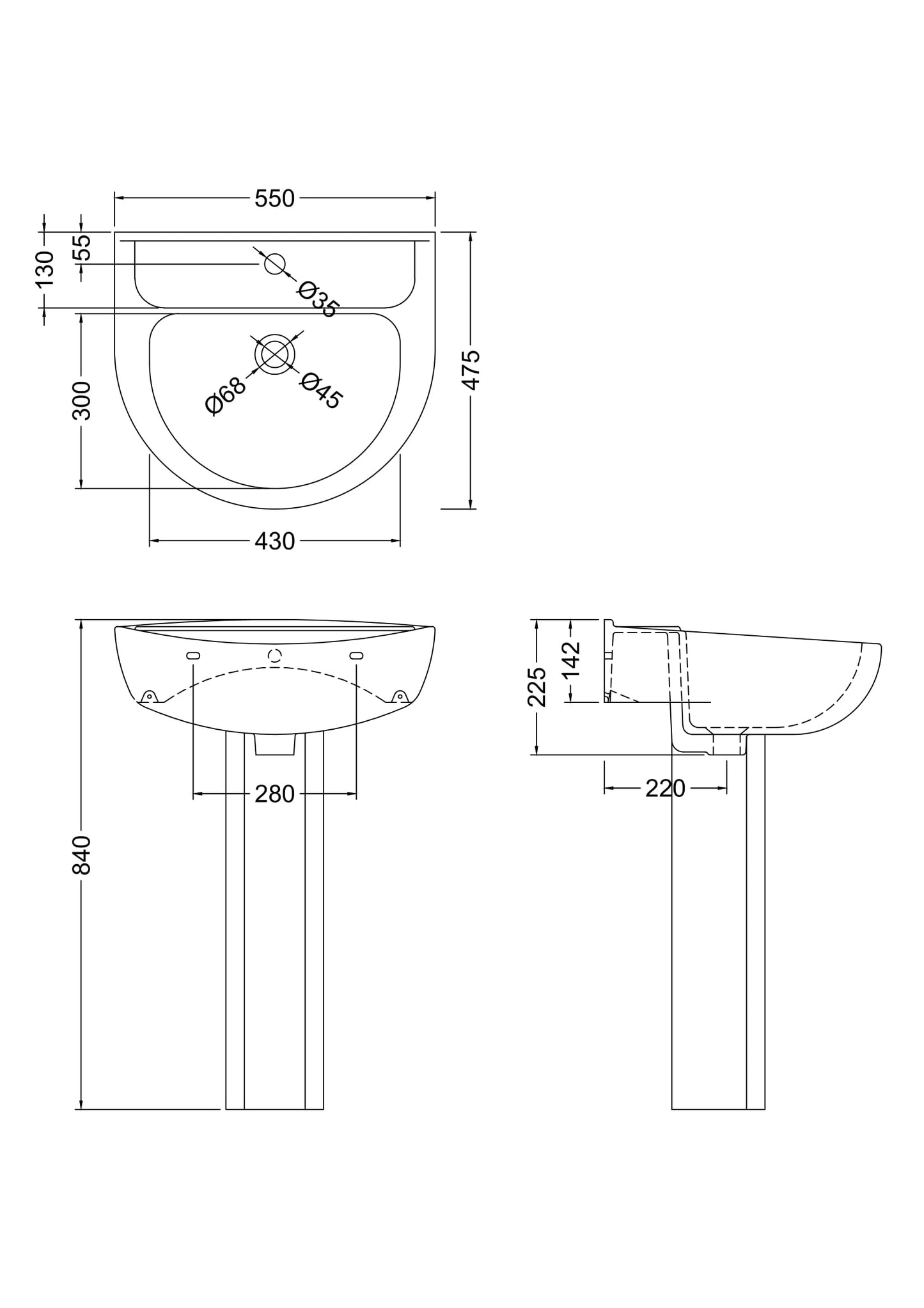 NUIE 550mm 1TH Basin & Pedestal