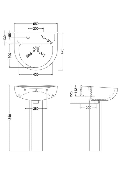 NUIE 550mm 2TH Basin & Pedestal