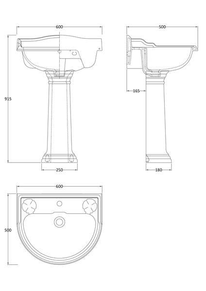 Hudson Reed 600mm Basin & Pedestal (1 Tap Hole)
