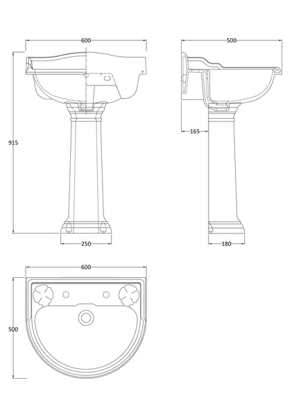 Hudson Reed 600mm Basin & Pedestal (2 Tap Hole)