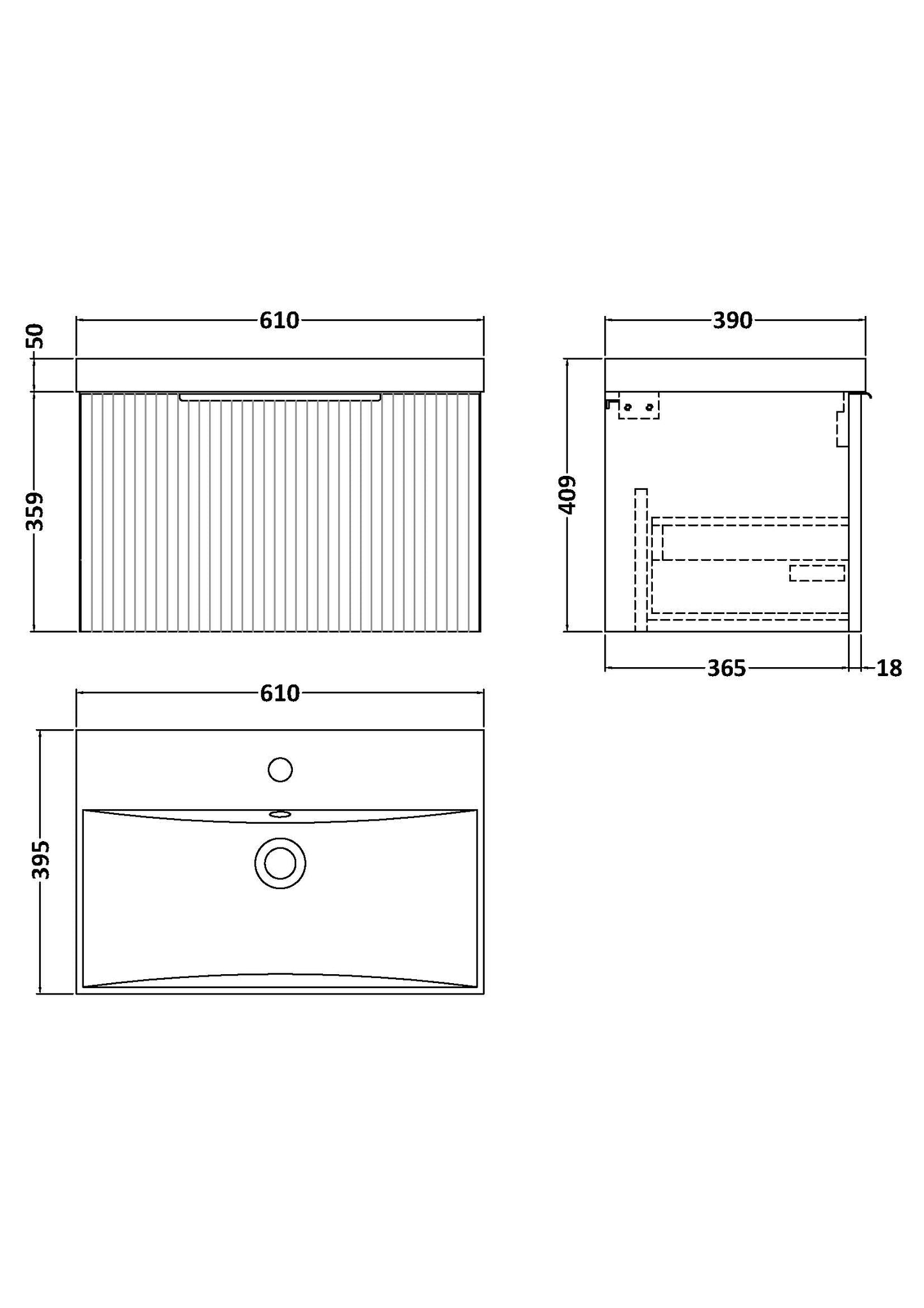 Hudson Reed 600mm Wall Hung Single Drawer Vanity & Basin 3