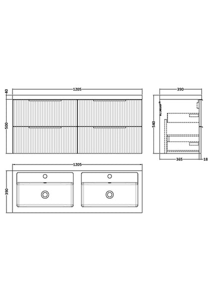 Hudson Reed 1200mm Wall Hung 4 Drawer Vanity & Double Basin