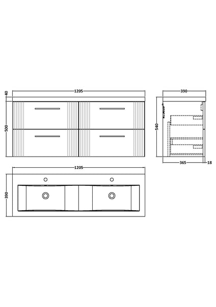 NUIE 1200mm Wall Hung 4 Drawer Vanity & Double Basin