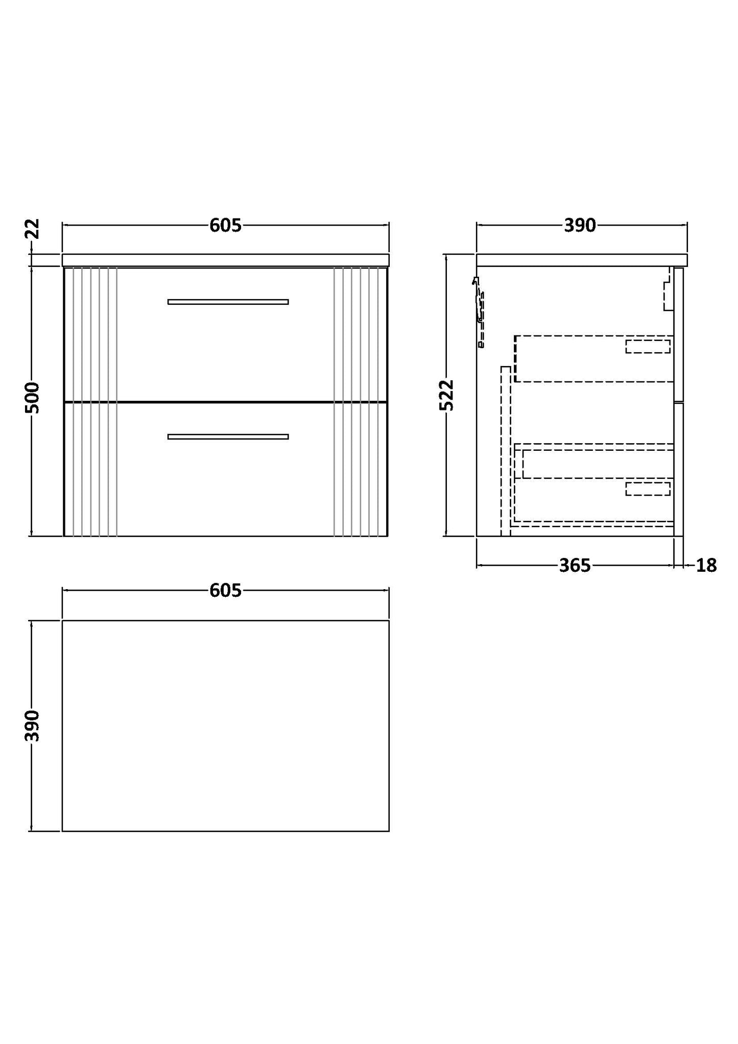 NUIE 600 Wall Hung 2-Drawer Vanity & Laminate Worktop