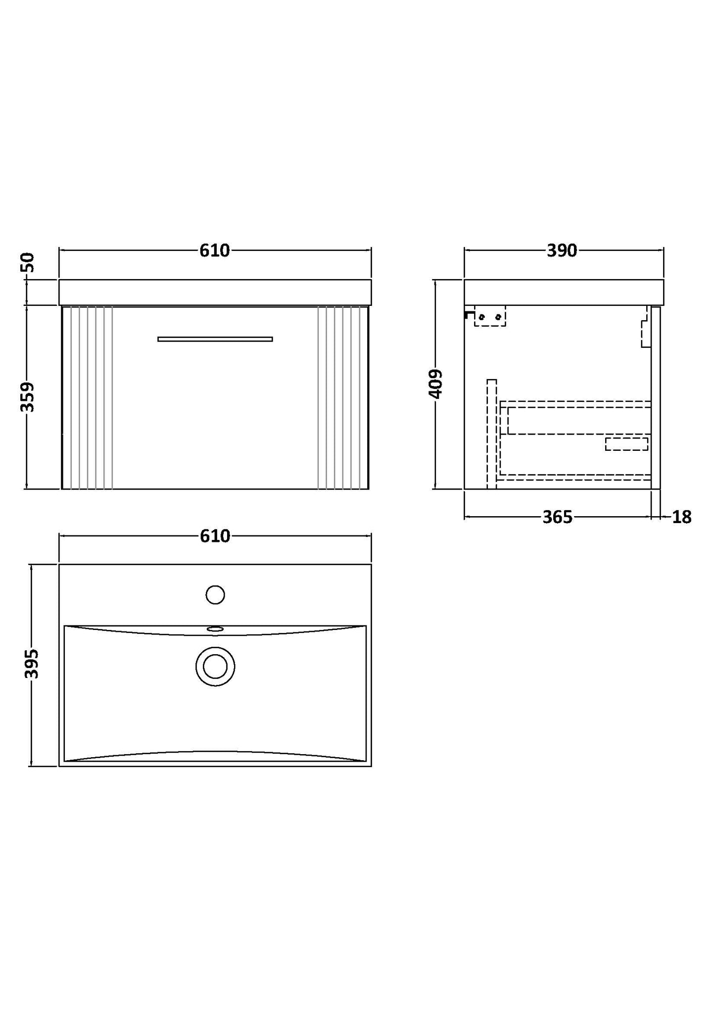 NUIE 600mm Wall Hung Single Drawer Vanity & Basin 3