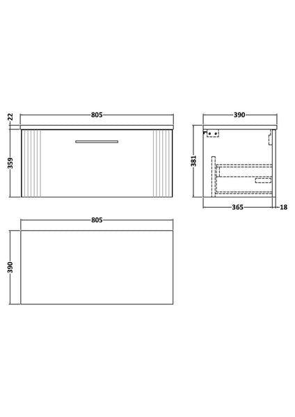 NUIE 800mm Wall Hung Single Drawer Vanity & Laminate Top