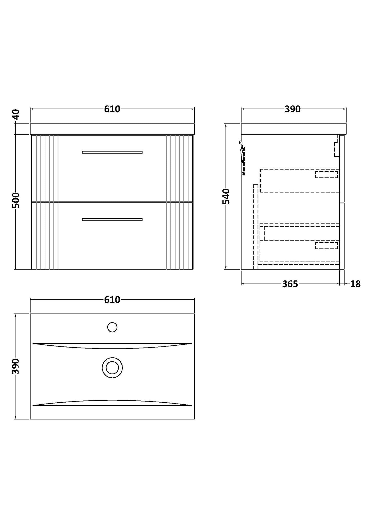 NUIE 600mm Wall Hung 2 Drawer Vanity & Basin 1