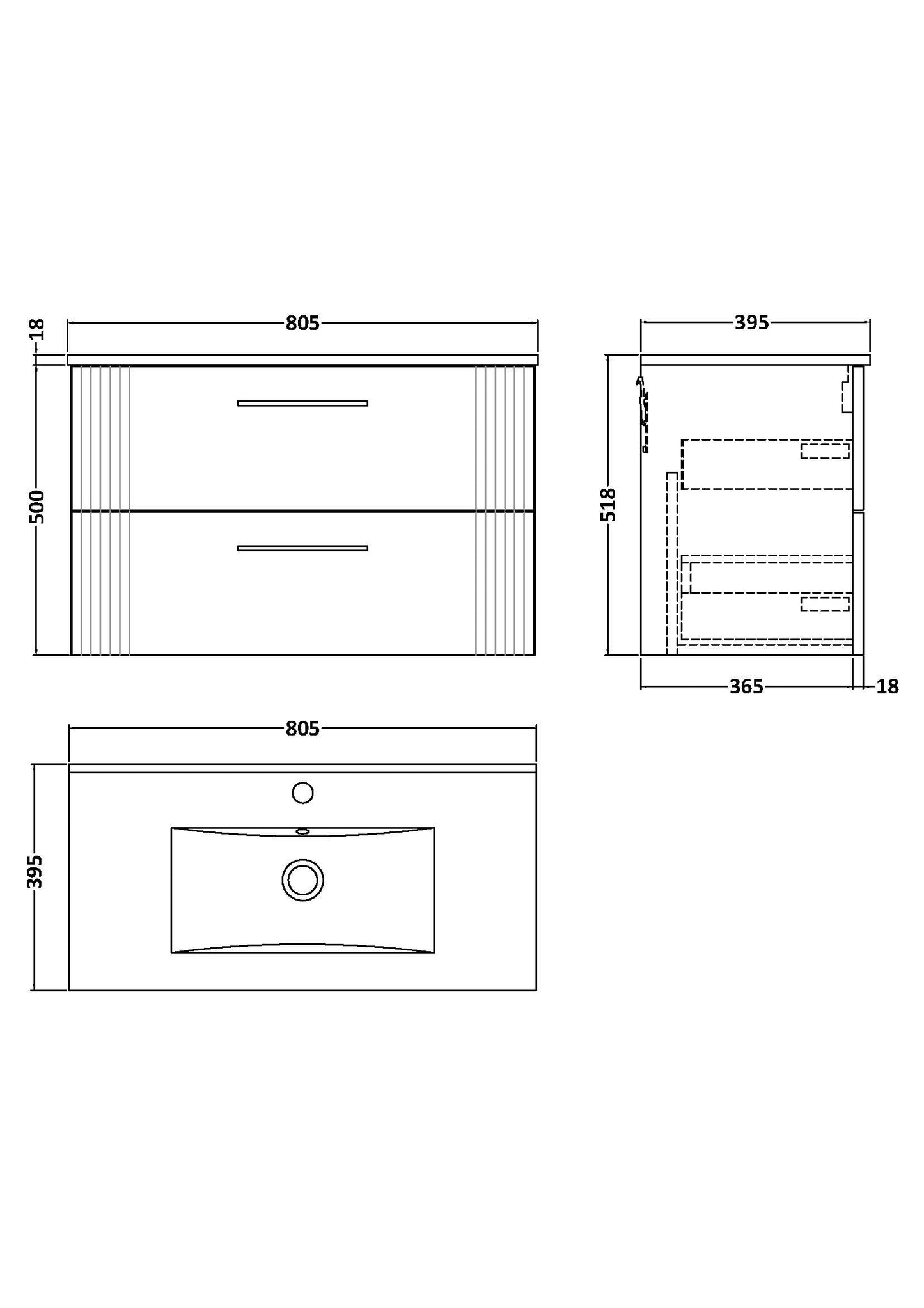 NUIE 800mm Wall Hung 2 Drawer Vanity & Basin 2