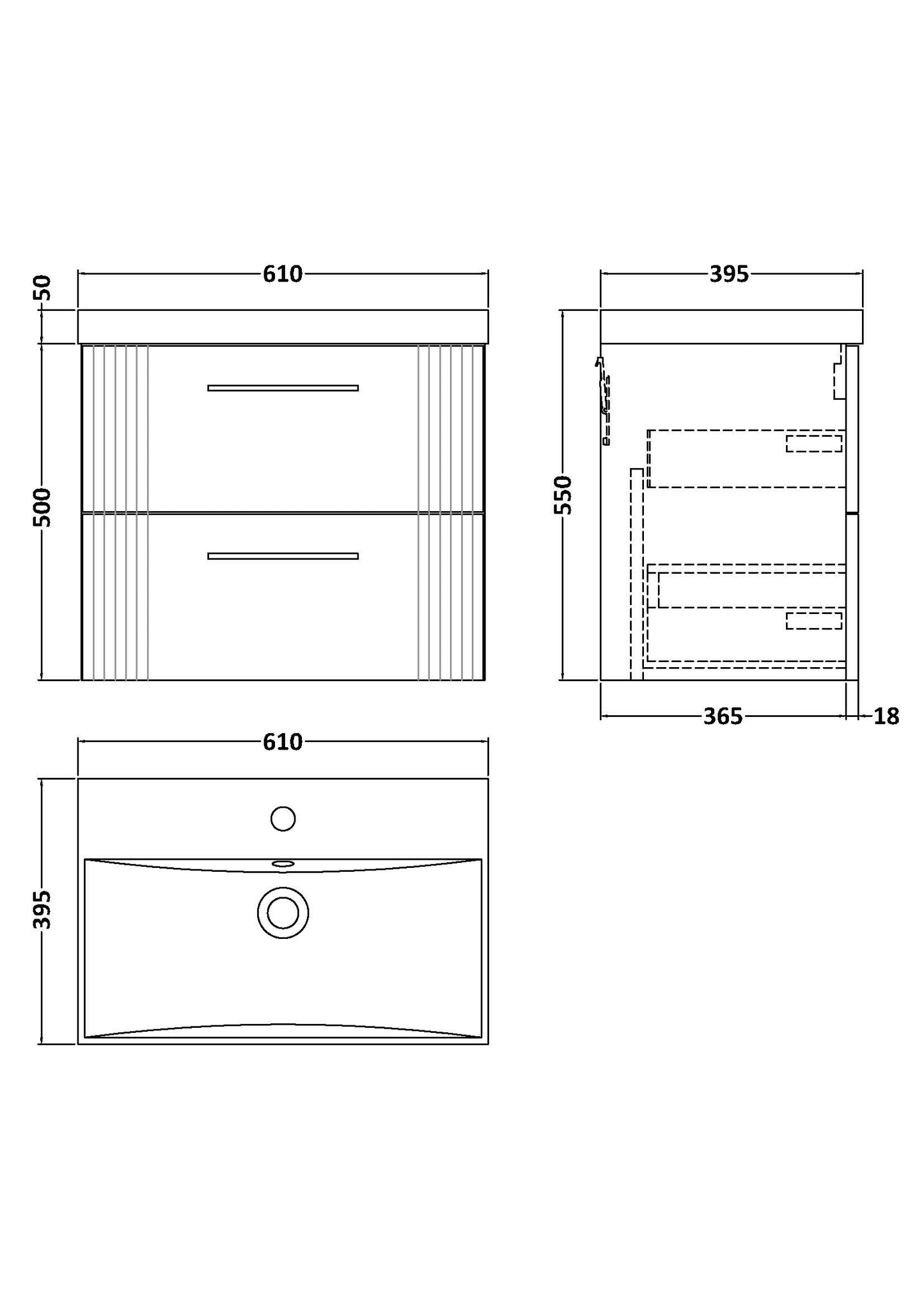 NUIE 600mm Wall Hung 2 Drawer Vanity & Basin 3